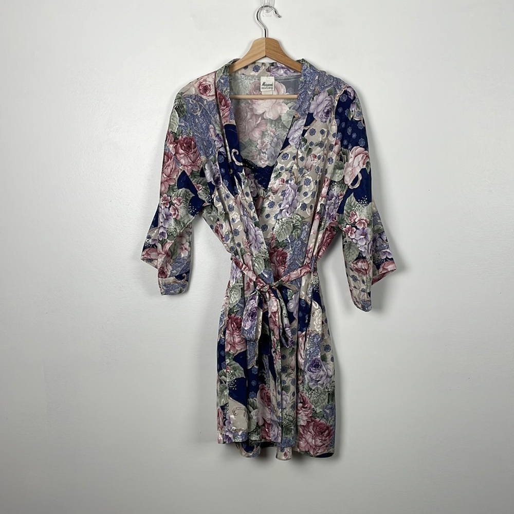 Maryann's 2 piece gown women vintage size medium floral satin 2 pockets belt